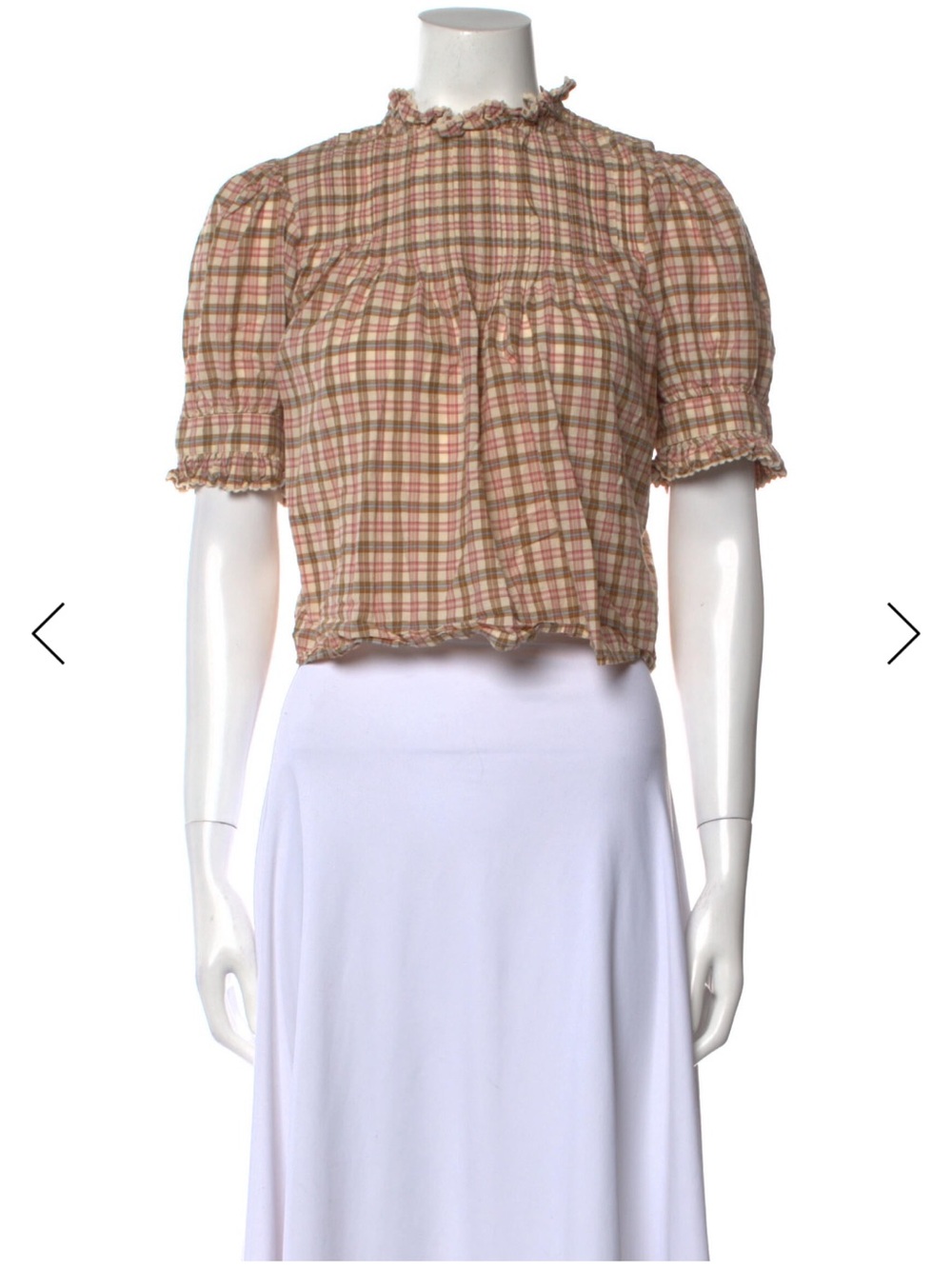 Doen Beige and Pink Plaid Ruffled Crop Blouse